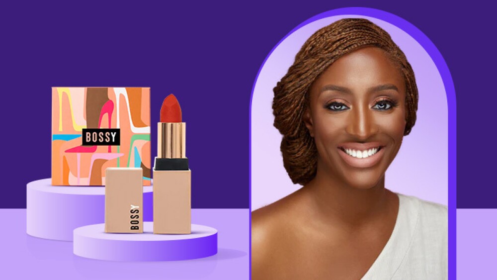 Image of a woman next to Bossy Cosmetics