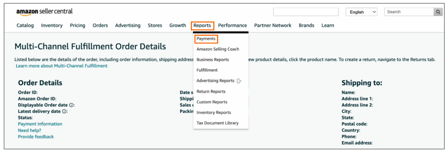 On the Amazon seller central menu, choose Reports, and then Payments.