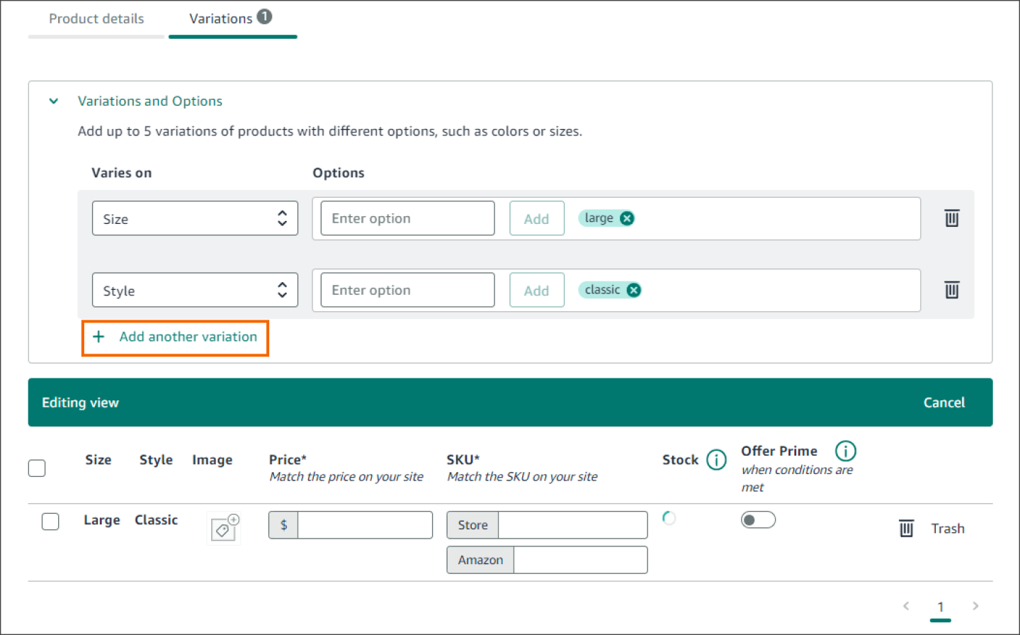 Screenshot of merchant console's add a product page with the add another variation option at the bottom of the variations and options fields.