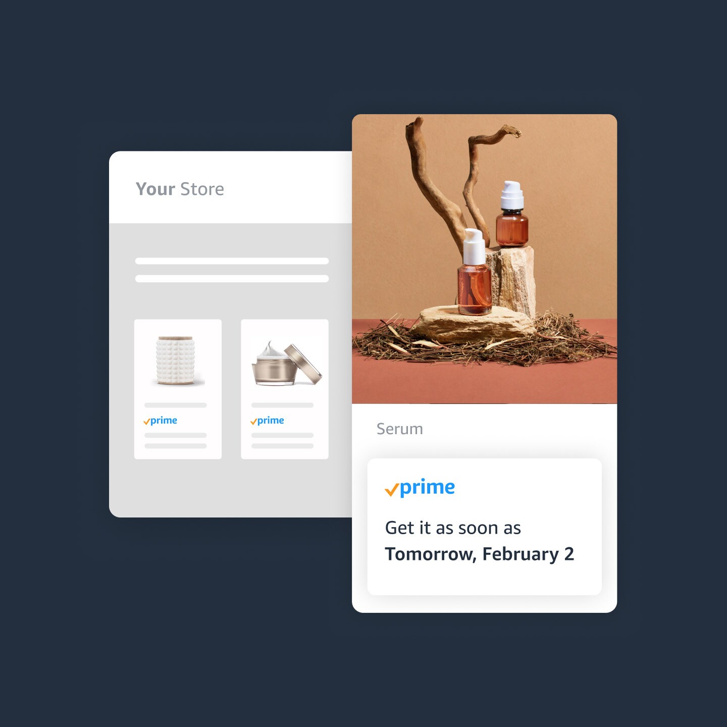 Device showing a beauty product with Prime delivery date.