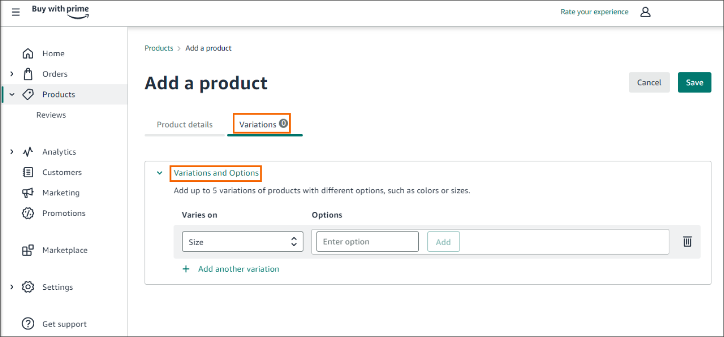 Screenshot of merchant console's add a product page with the variations and options option expanded.