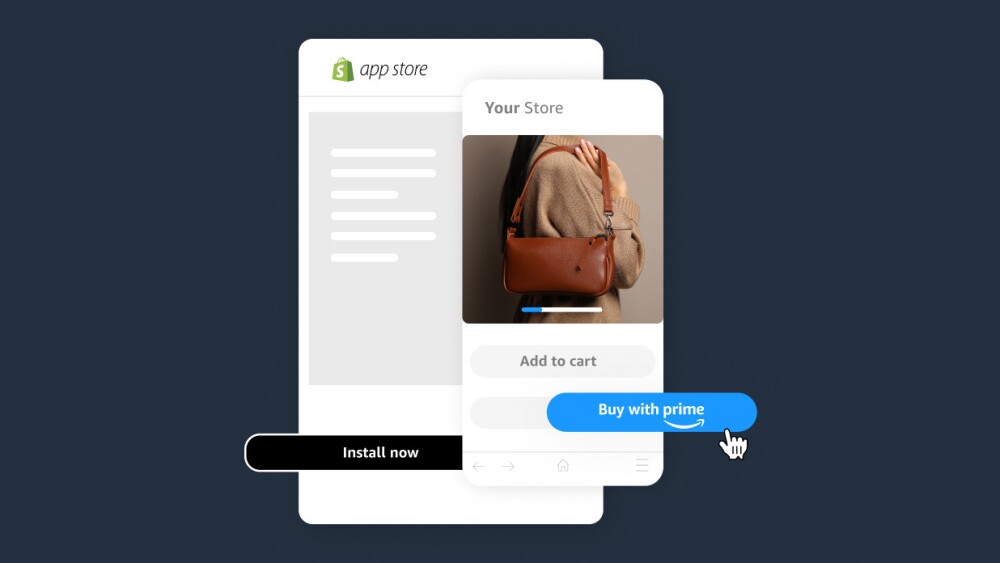 Two screens with one showing a Shopify app back-end, and the other showing the front-end with the Buy with Prime logo.