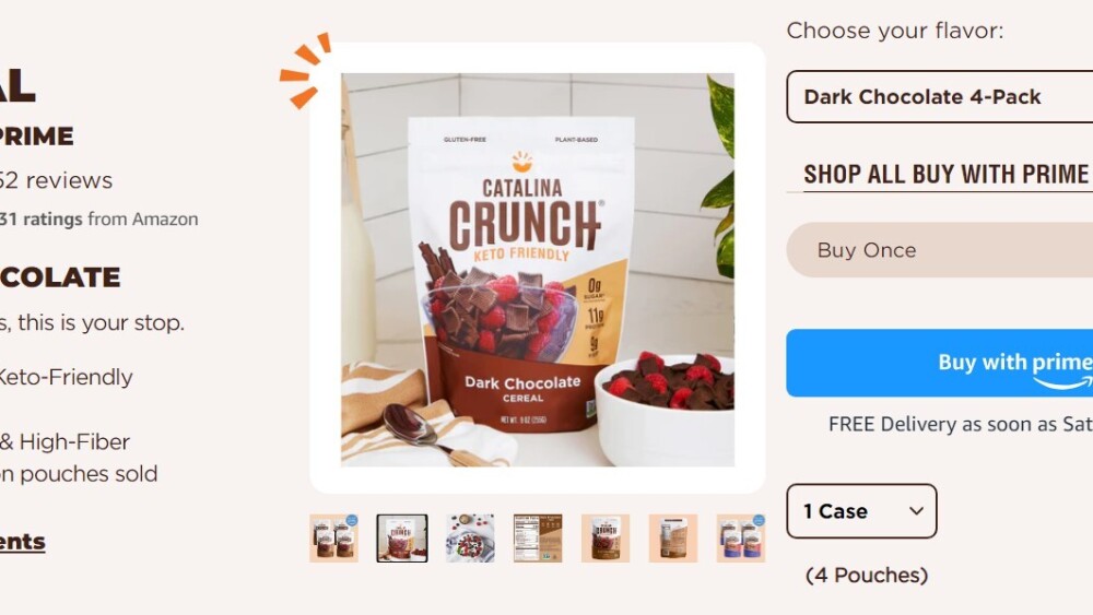 Catalina Crunch product detail page with Buy with Prime checkout badge