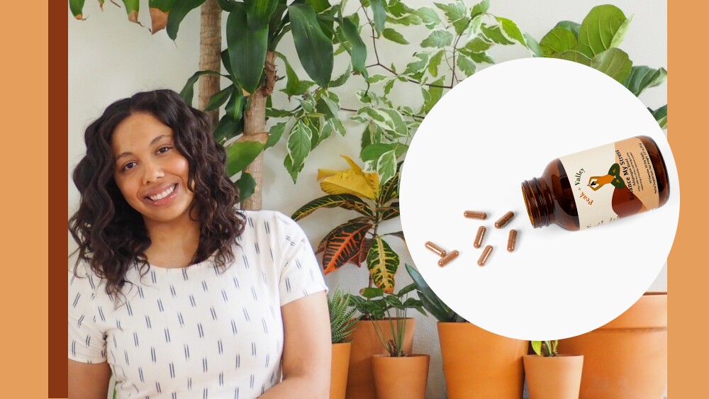 Illustration of Peak & Valley supplements next to the company founder standing in front of plants