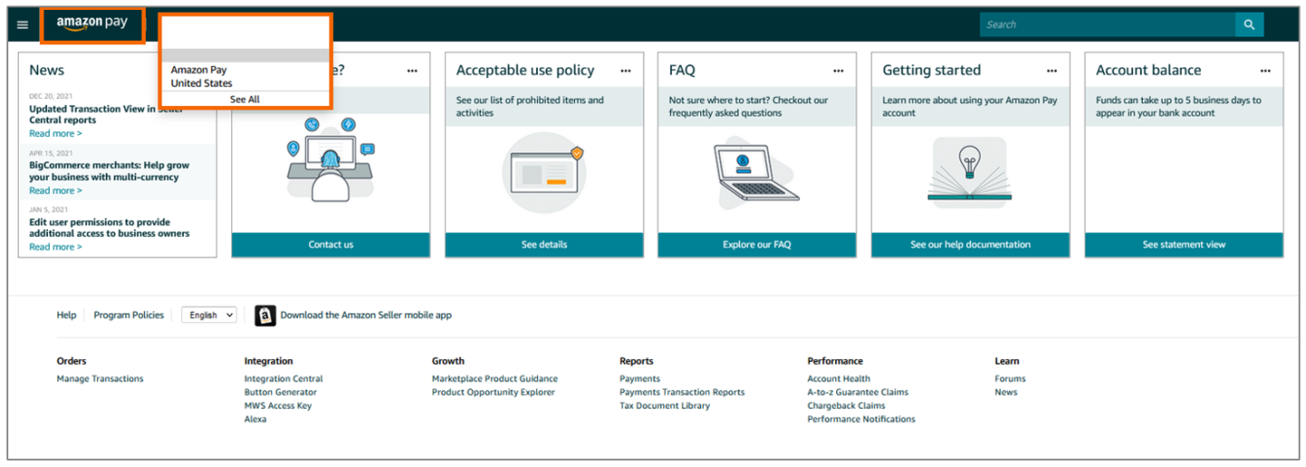 On the top menu, select the Amazon Pay portal.