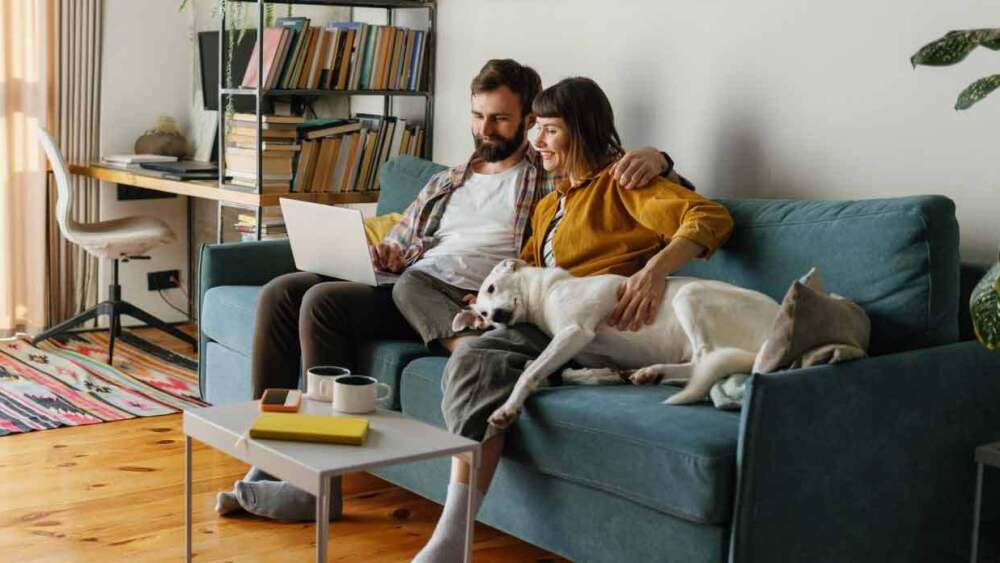 Two people sitting on a couch with a dog looking at a laptop.