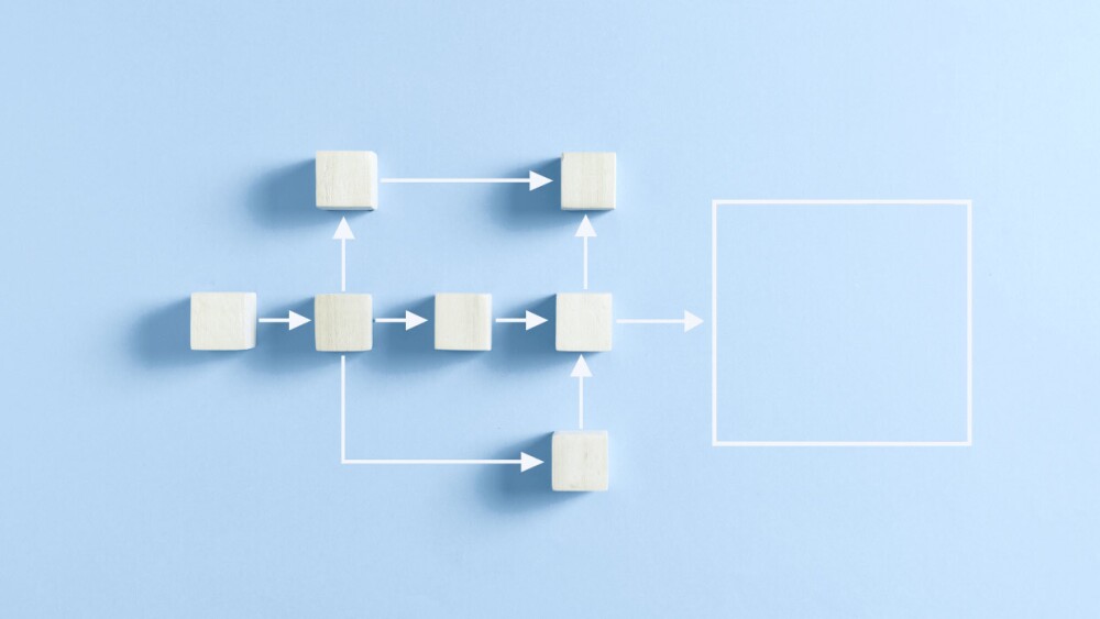 Stylized boxes showing arrows in a workflow.
