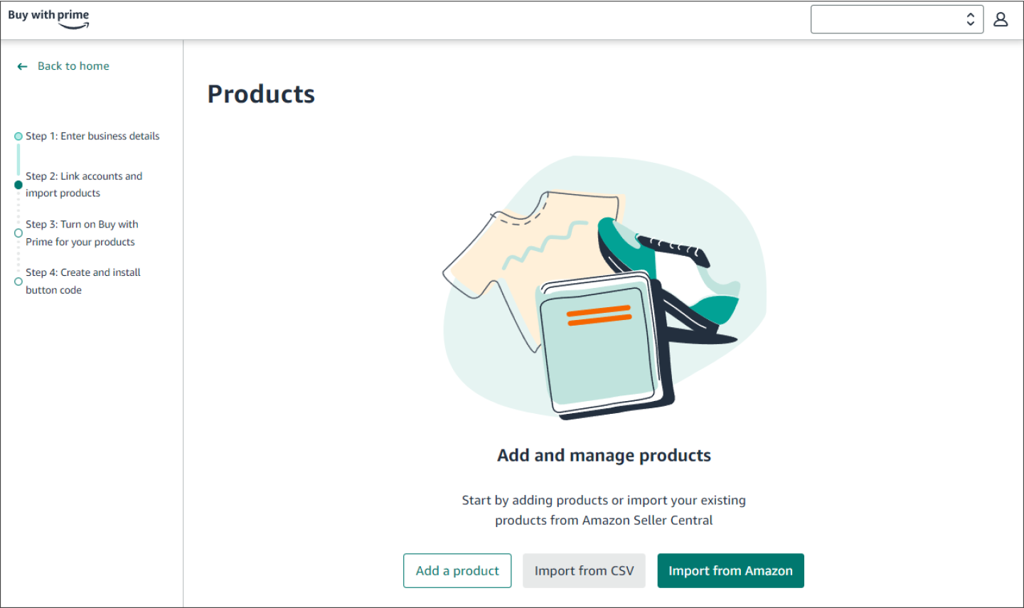 Screenshot of merchant console that shows the buttons to add a product, import from csv, or import from amazon at the center of the page.