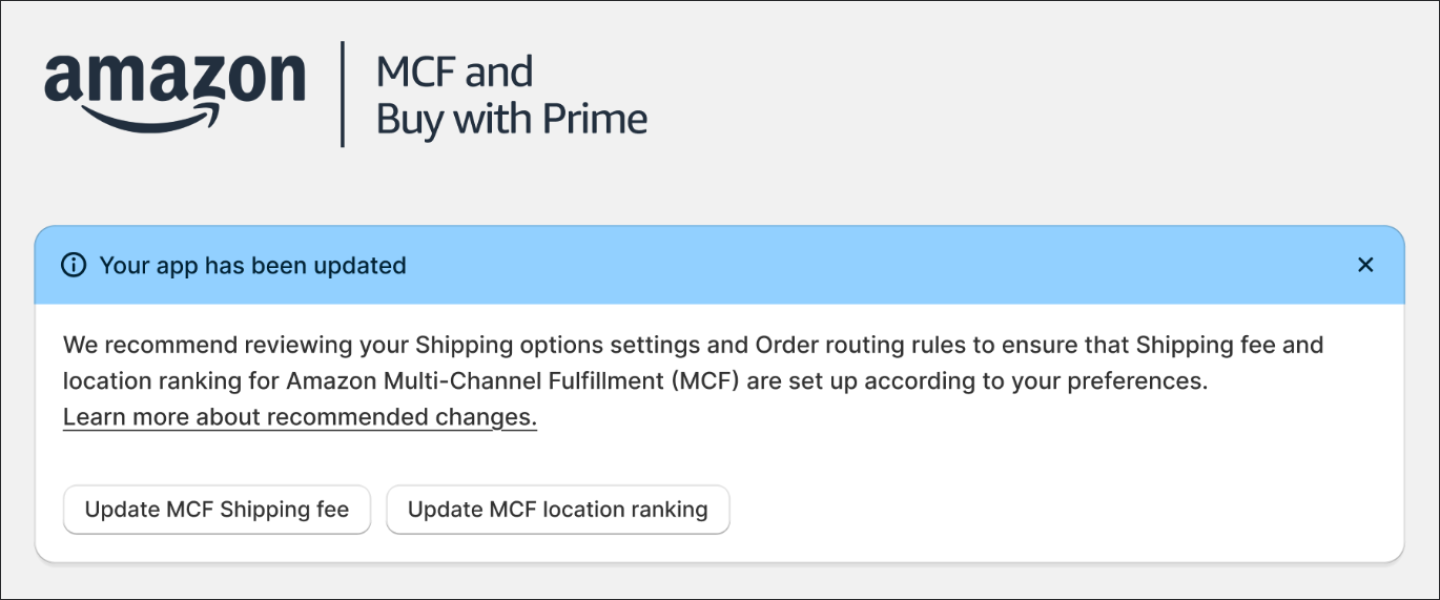 Congratulations message for migrate to new MCF and Buy with Prime app for Shopify