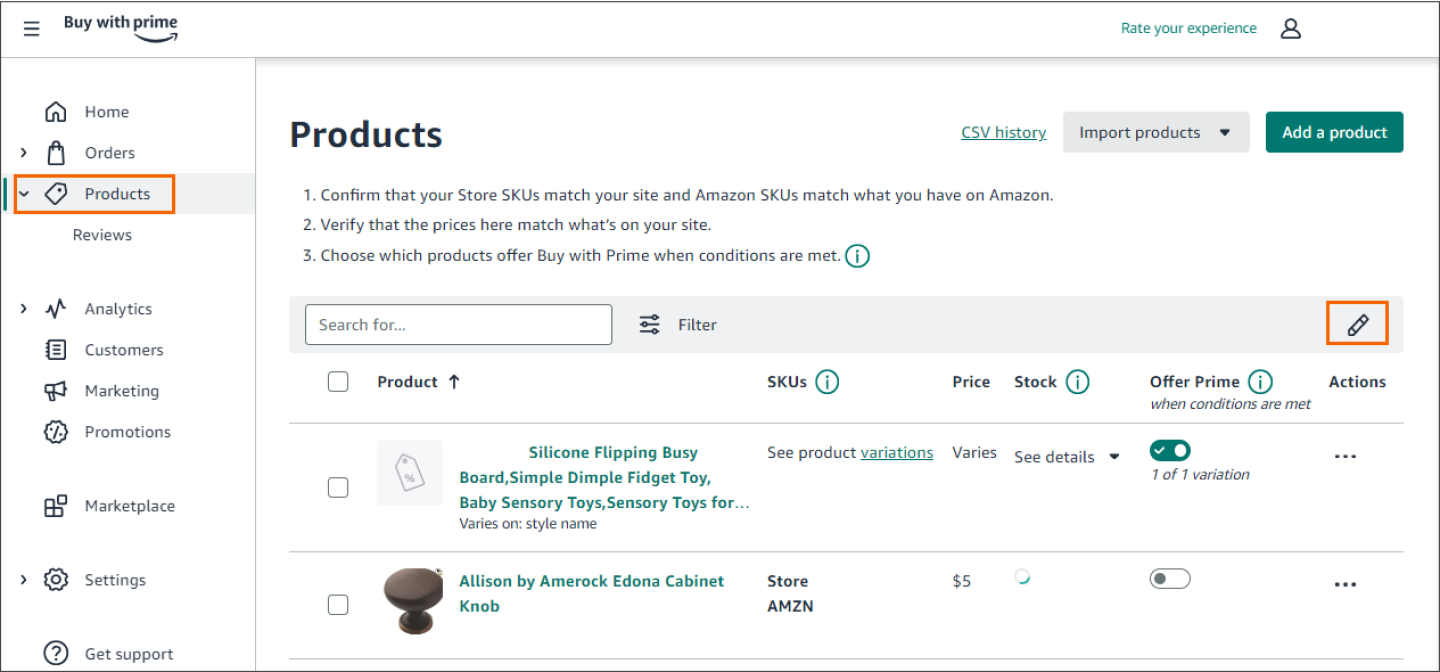 Screenshot of merchant console with the Products option on the side menu and the edit icon on the products page.