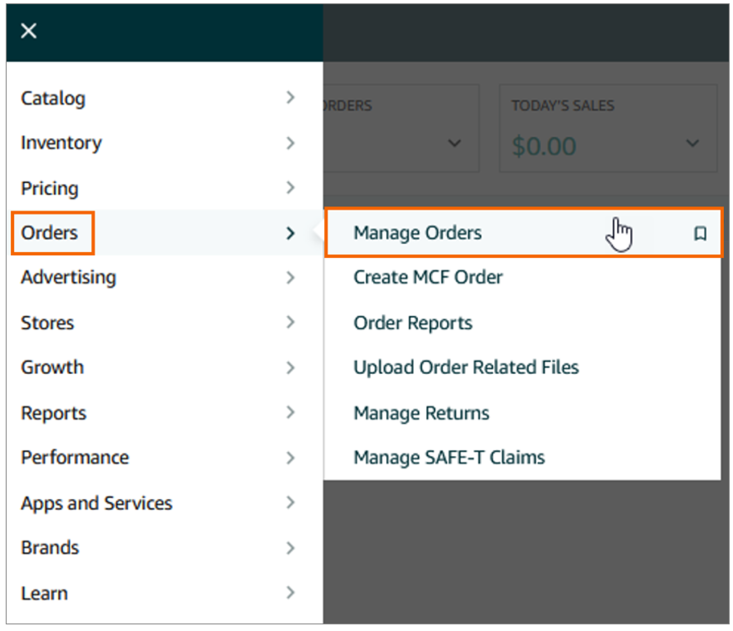 On the side menu, choose Orders, and then Manage orders.