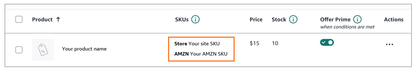 Screenshot merchant console with the matching store SKU and Amazon SKU.