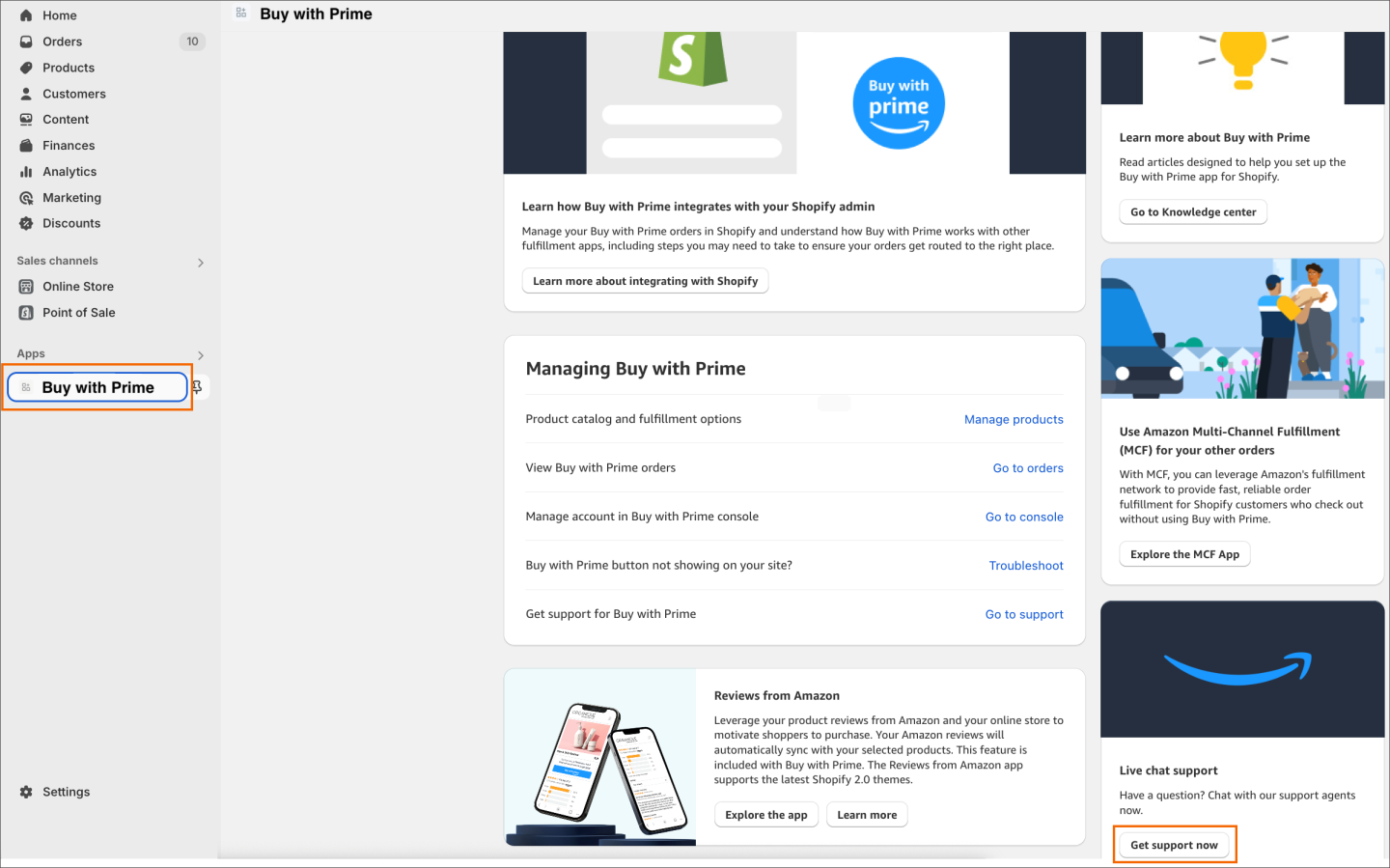 Screenshot of the MCF and Buy with Prime app for Shopify main page, with the Chat now option highlighted at the bottom of the page.