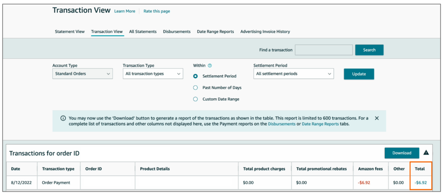 In the Total column, choose the hyperlinked dollar amount to see the transaction details.