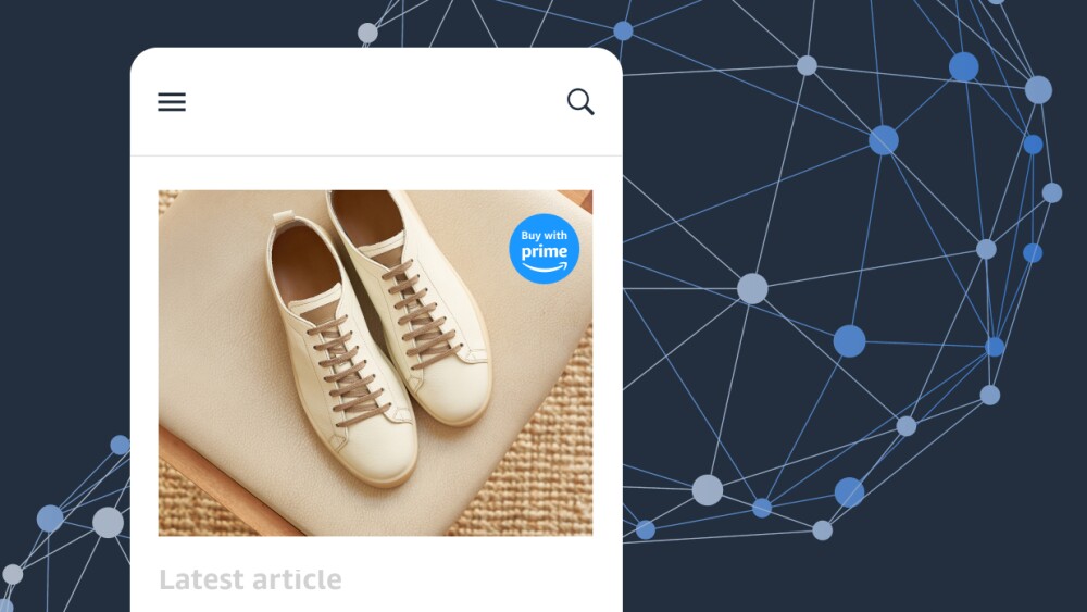 Image of a mobile web browser with the Buy with Prime badge showing white shoes