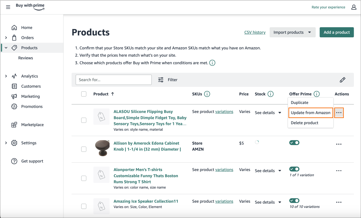 Screenshot of Products page where you can select which product details to update from your Amazon catalog.