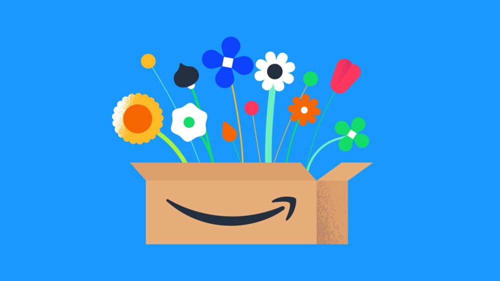 Illustration of Amazon box with flowers coming out of the top. 