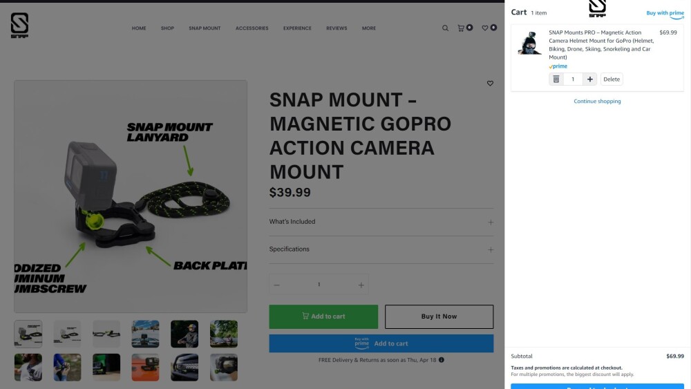 Product detail page and open cart on SNAP Mounts website