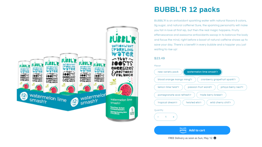 Website product page for BUBBL'R antioxidant sparkling water