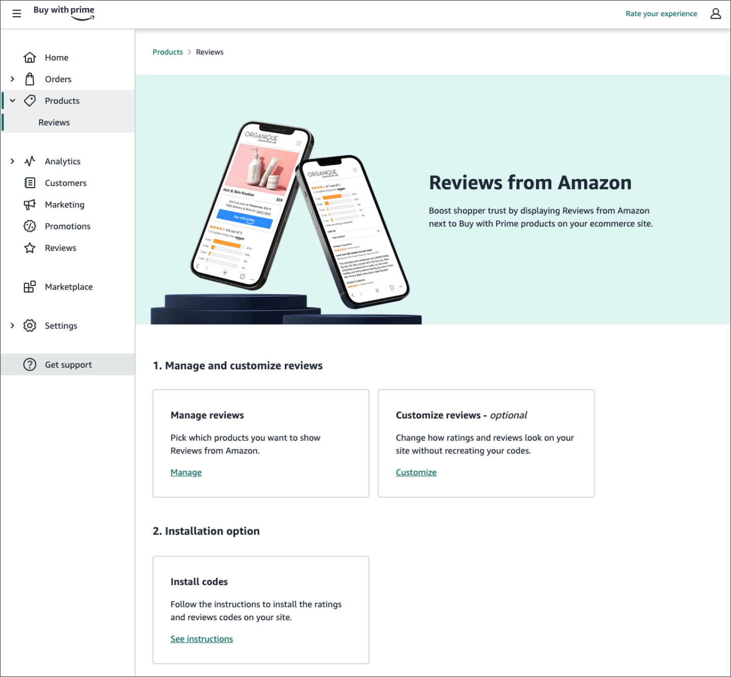 Screenshot of the Reviews from Amazon page in merchant console with the options to manage reviews, customize reviews, and install codes.