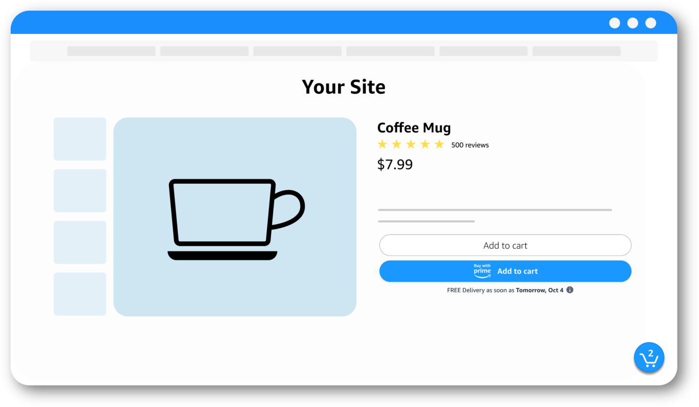 Illustration of an ecommerce site that sells coffee mugs. The interface shows the Add to cart options and a shopping cart icon with two items inside.