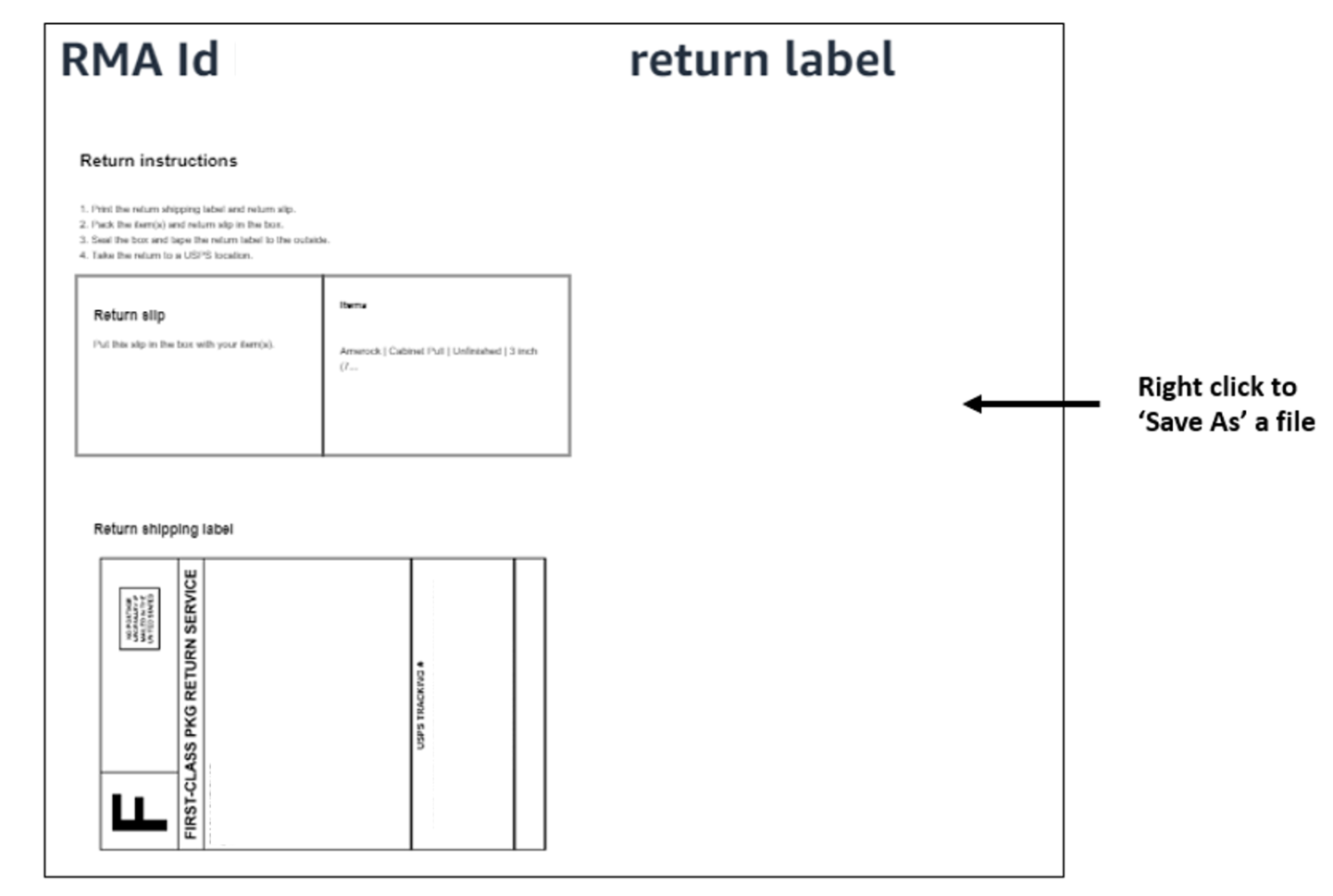 The return label shows the RMA ID, return instructions, return slip, and a list of items.