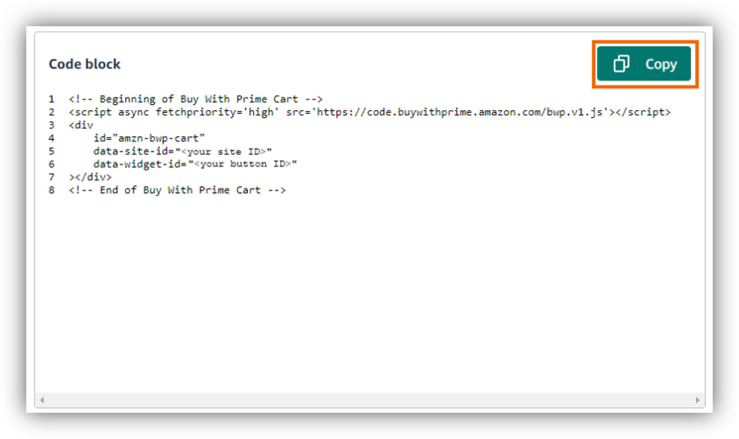 Screenshot of the cart code block in merchant console with the copy button at the top right.
