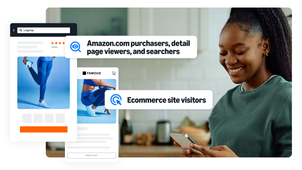 Image of woman looking at phone with screenshots of an product detail page