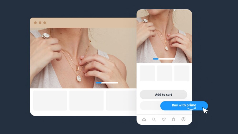 Screen with a piece of jewelry and the Buy with Prime logo as a checkout method.