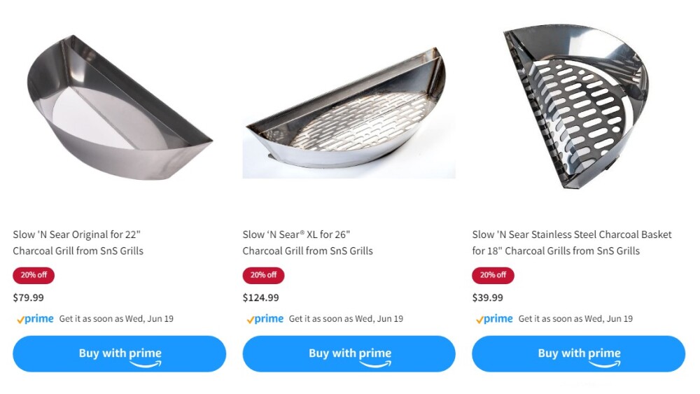 Web page for several SnS Grills listings that offer Buy with Prime