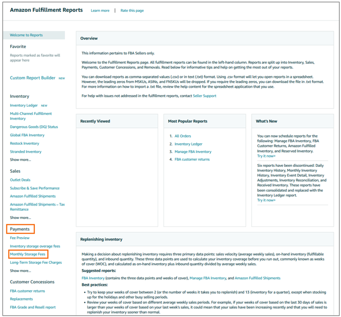 Navigate to Payments, and then choose Monthly storage fees.