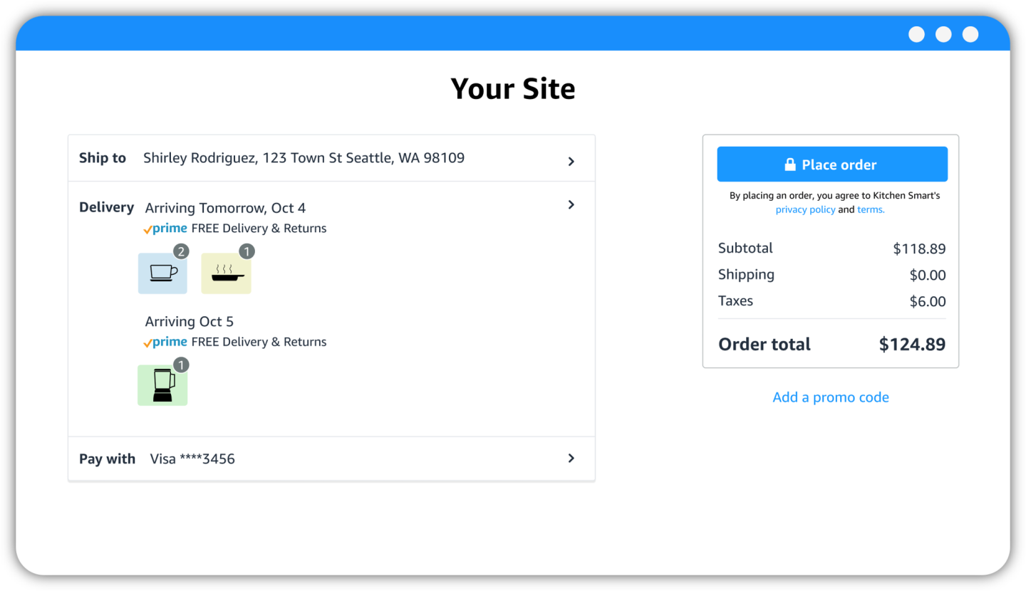 Illustration of an ecommerce site Buy with Prime cart that has two coffee mugs, one frying pan, and one blender in it with the order total and the option to place order at the top right.