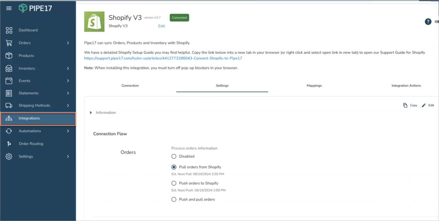 Pipe17 integrations tab