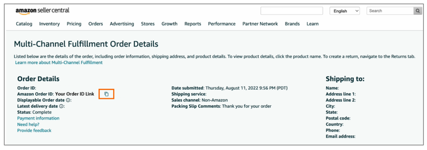 On the Order details page, choose the copy to clipboard icon next to the Amazon Order ID.