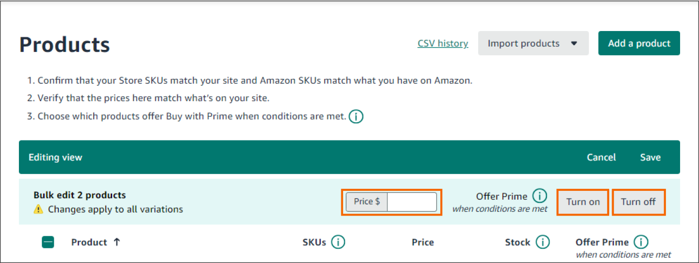 Screenshot of the Products page in merchant console that shows that only the Price and Offer Prime attributes can be bulk edited.