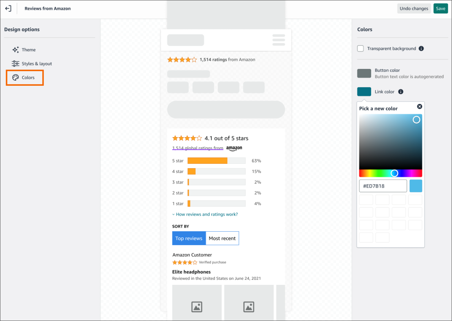 Screenshot of the Reviews from Amazon editing page with the design options on the right, the preview image in the center, and the colors option on the left.