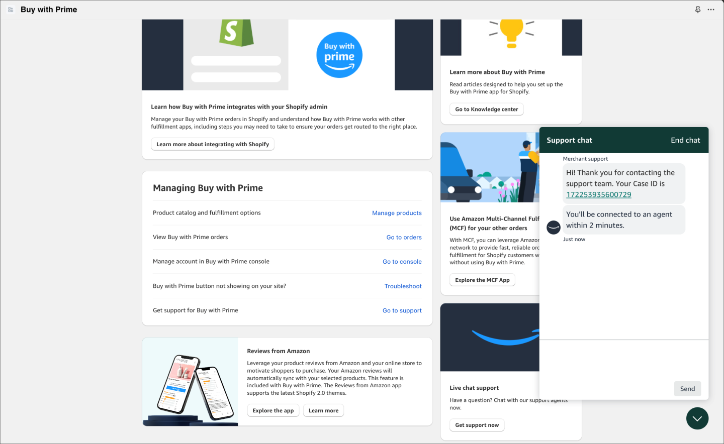 Screenshot of the MCF and Buy with Prime app for Shopify main page with the Support chat pop-up window displayed.