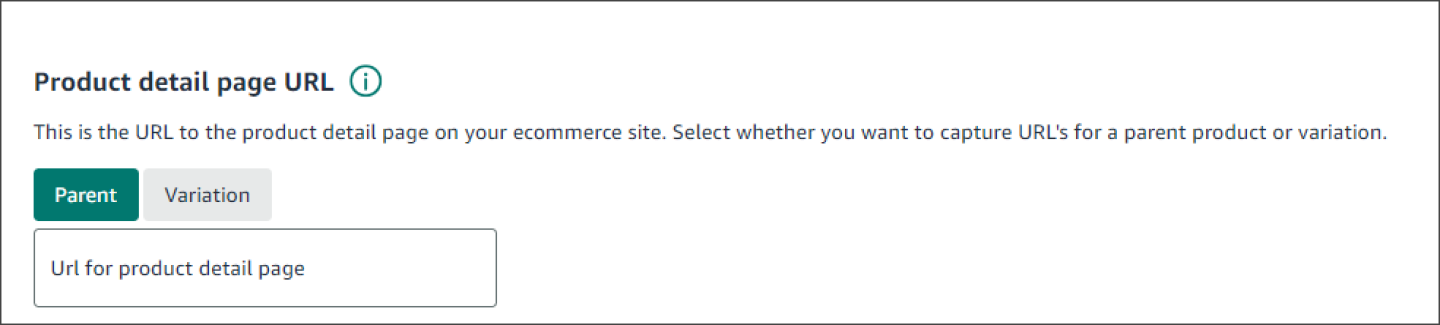 Screenshot of the product detail page URL section in merchant console with the option to add a parent product and its variations.