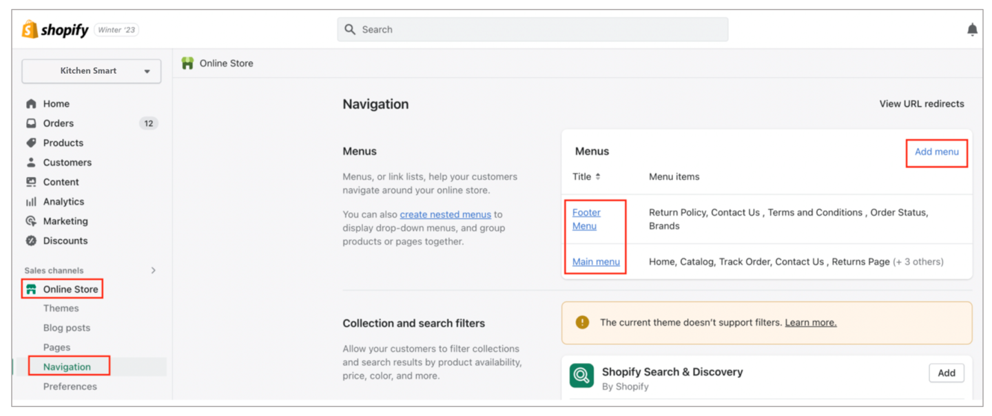 To update Buy with Prime post-order link to Shopify store navigation, open the Shopify admin. Choose Online store > Navigation > Footer/Main menu > Add menu item. Enter the page title and paste the Buy with Prime post-order link in the link field. Then choose Save changes.