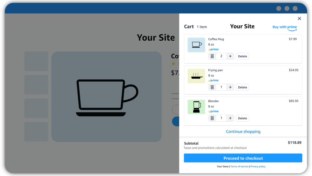 Illustration of an ecommerce site Buy with Prime cart that has two coffee mugs, one frying pan, and one blender in it with the option to proceed to checkout at the bottom right.