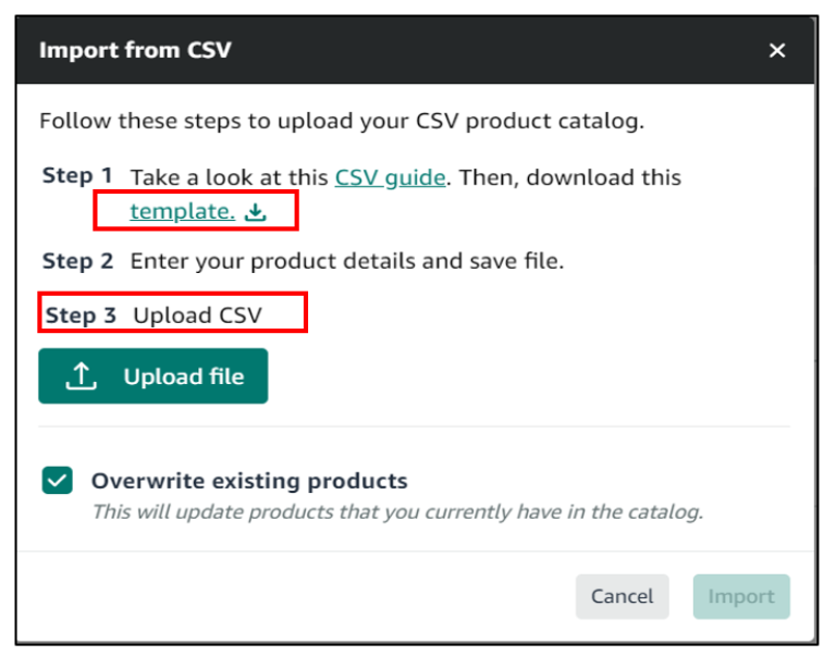 Catalog CSV import and export Amazon Buy with Prime