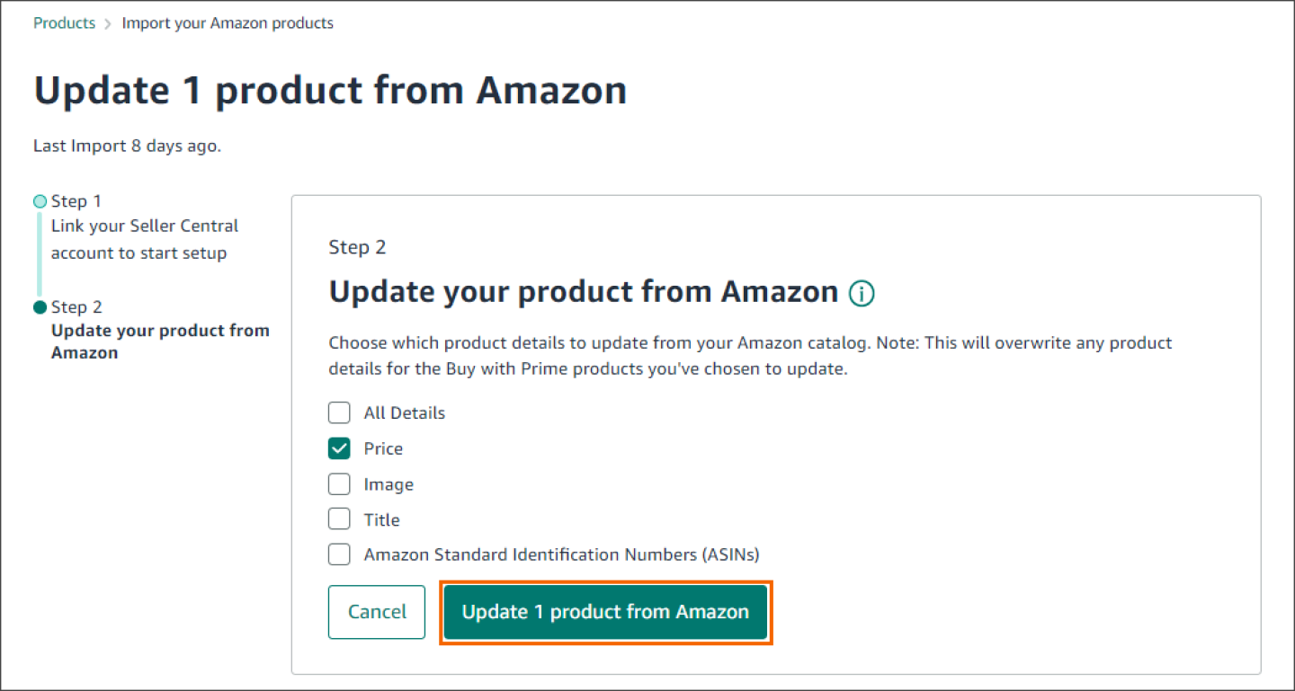 Screenshot of the Update product from Amazon page where you can select to update the following product details: All details, Price, Image, Title, Amazon Standard Identification Numbers (ASINs), and then choose to update the products.