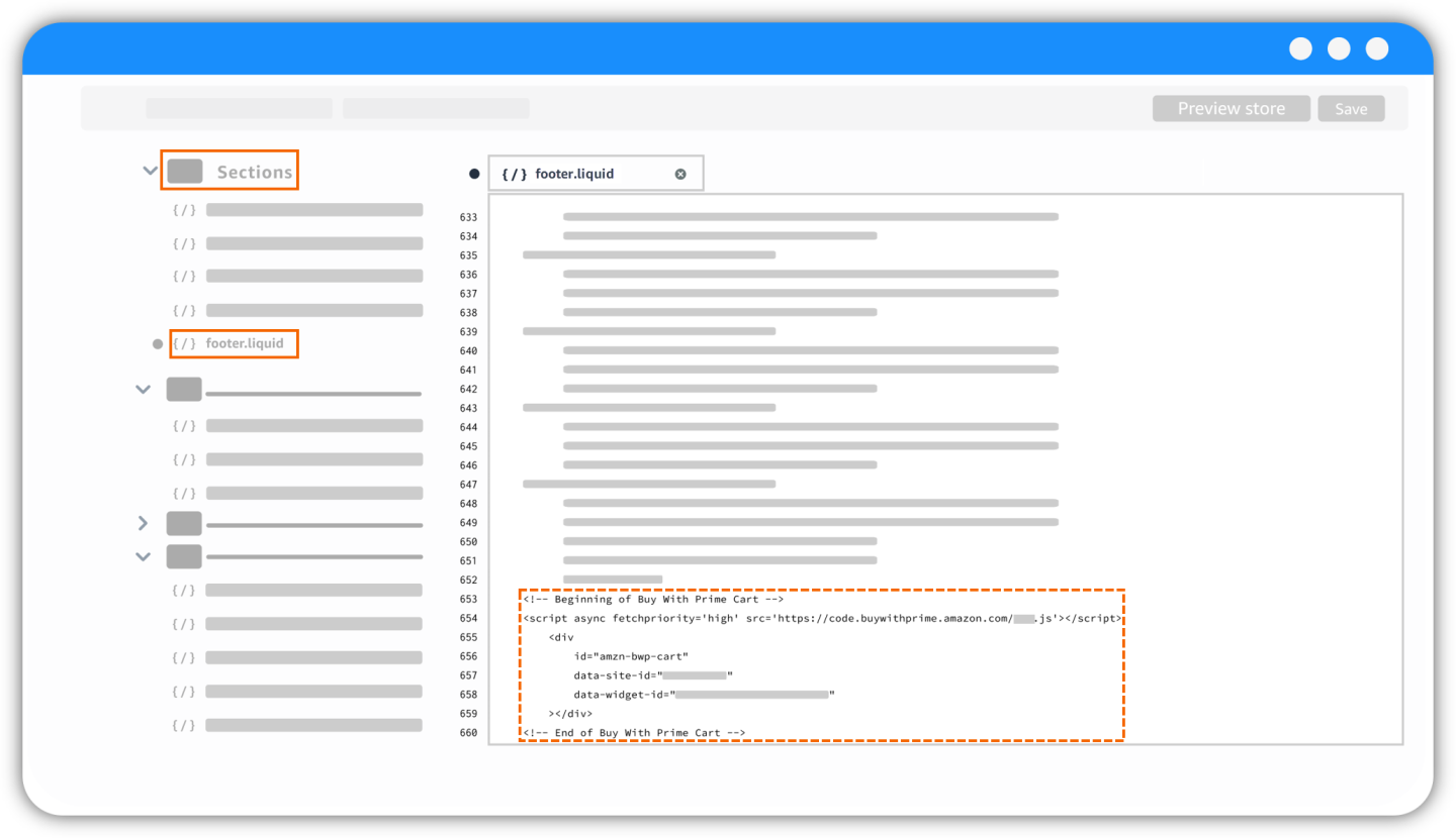 Illustration of the the footer.liquid file in Shopify where the Buy with Prime cart could be pasted.