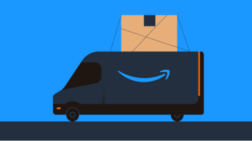 Stylized graphic of Amazon truck with a large package strapped to the top.