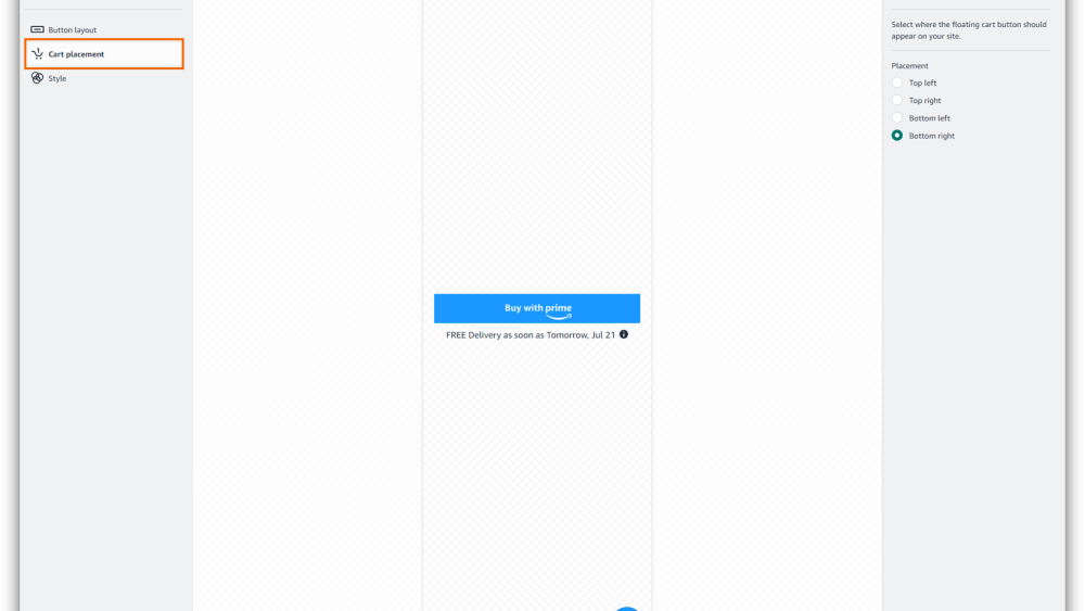 Illustration of the Buy with Prime button editing page with the cart placement button on the left side, the preview on the center, and the placement options on the right side.