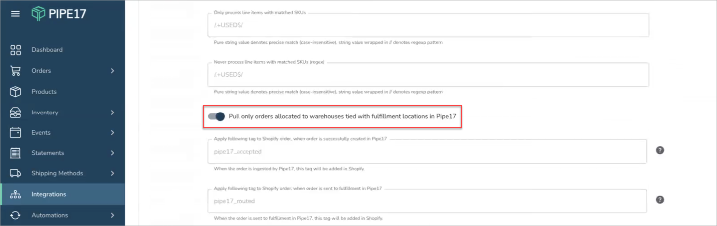 Pull only orders allocated to warehouses tied with fulfillment locations in Pipe17 toggle