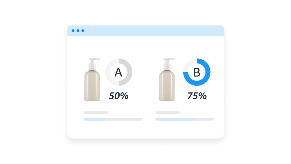 AB testing showing two tests, one with 50% success, and another with 75% success.