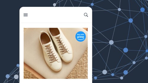 Illustration of a web page display ad featuring a pair of shoes and the Buy with Prime badge