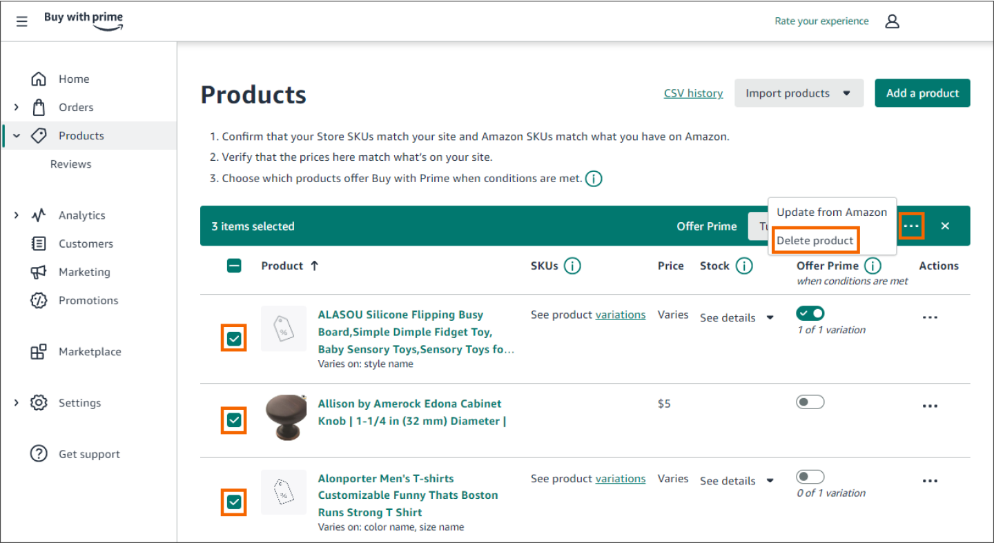 Screenshot of the Products page in merchant console where you can select all the products that you want to delete.