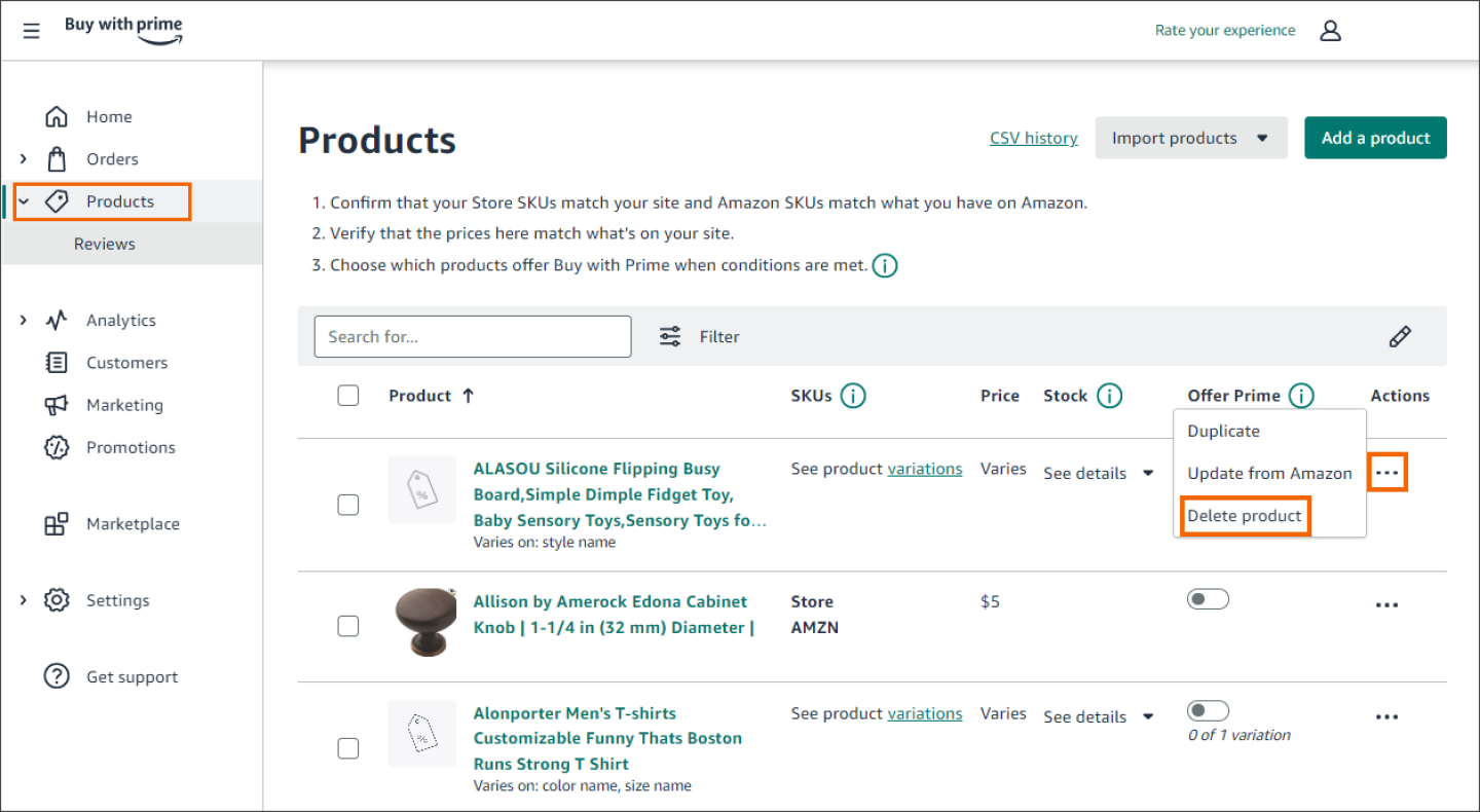 Screenshot of the Products page in merchant console where you can choose the product that you want to delete, on the Edit product page choose the more actions menu (…), and then Delete product.